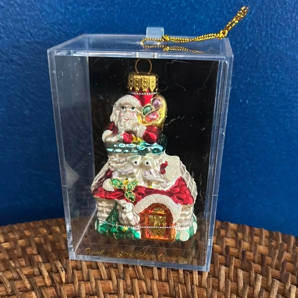 NWT Unique Treasures Hand Blown Glass Ornament Santa Claus in Chimney